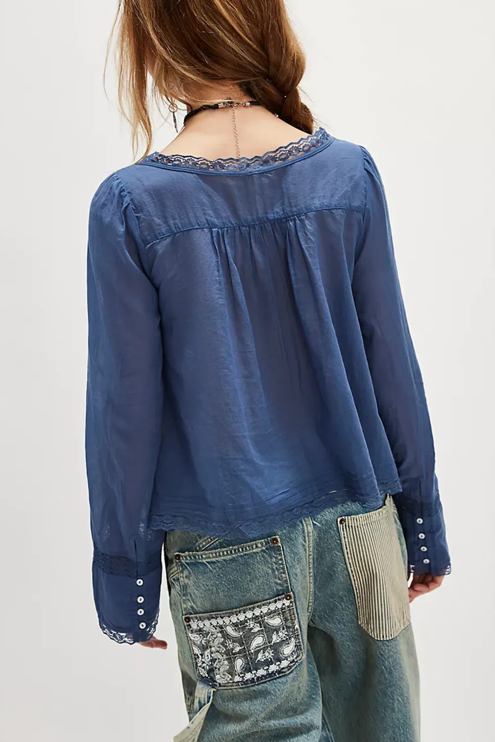 Lace Trimmed Long Sleeve Blouse