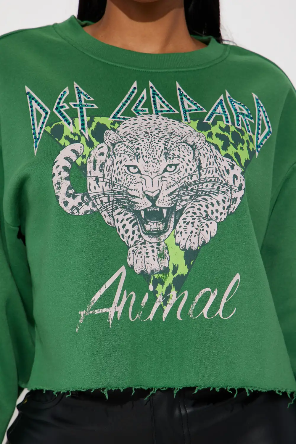 Def Leppard Rhinestone Crop Sweatshirt - Green