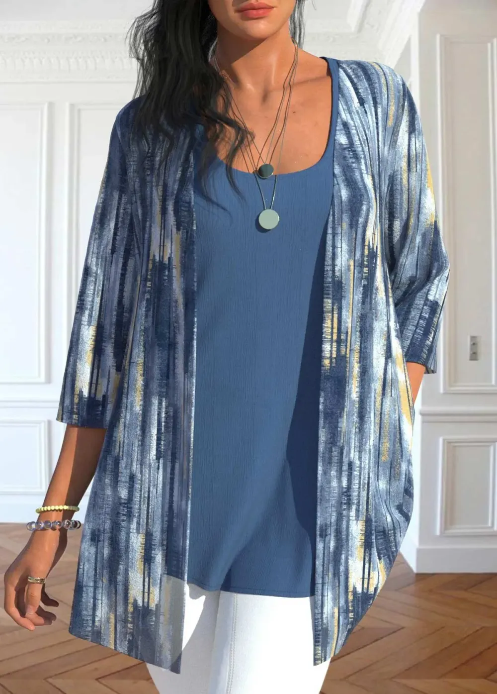Dusty Blue Tank Top and Tie Dye Print Cardigan