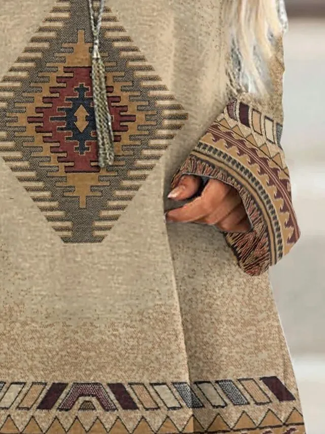 Women's Plus Size T shirt Tee Burgundy Tee Tunic Shirts Marron Yellow Light Green Geometric Plaid Print Long Sleeve Casual Vintage Tunic Ethnic Round Neck Regular Fit Bohemian Theme Geometric Fall