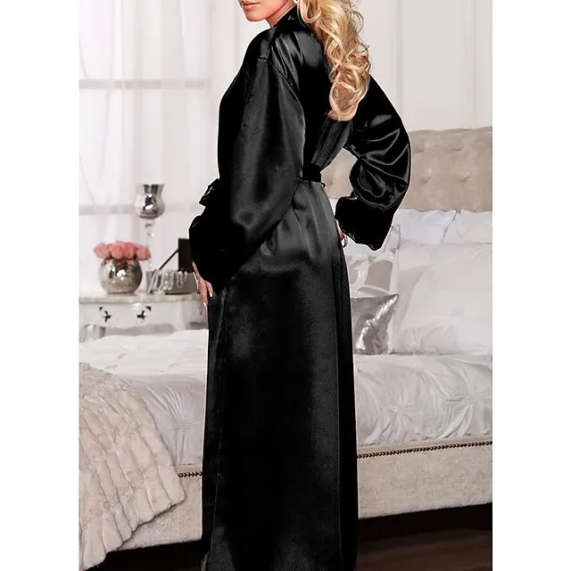 Women's Pajamas Robes Gown Bathrobes Nighty 1 PCS Pure Color Simple Casual Comfort Party Home Wedding Party Satin Gift Deep V Long Sleeve Lace up Cut Out Belt Included Spring Summer Black Fuchsia