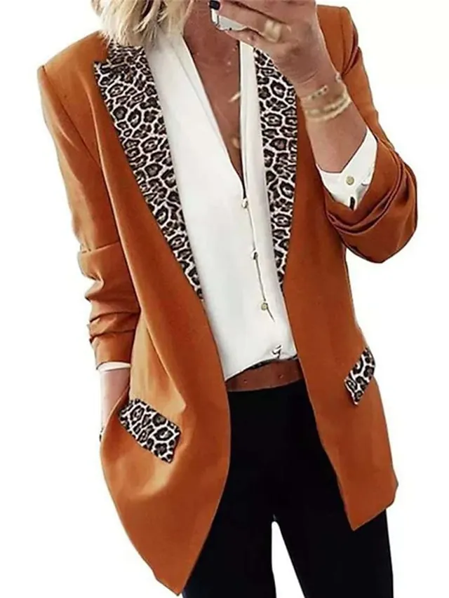Women's Blazer Regular Print Coat Black Pink Wine Khaki Orange Casual Street Fall Open Front Turndown Regular Fit S M L XL XXL 3XL / Daily / Warm / Leopard