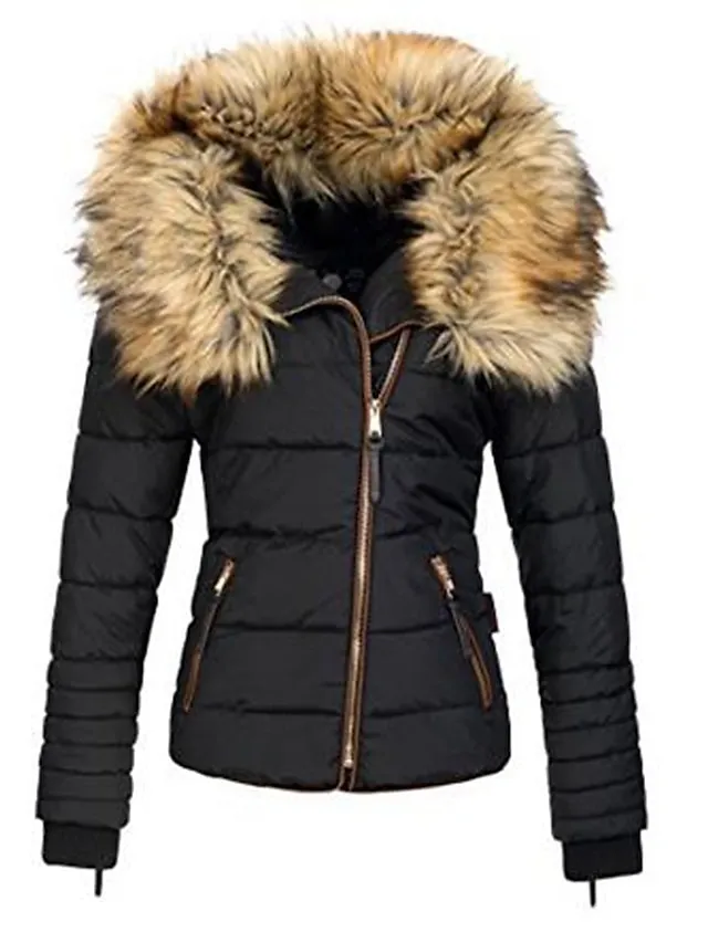 Women's Parka Fleece Puffer Jacket Winter Thicken Coat with Fur Collar Fall Drawstring Warm Heated Jacket with Pockets Long Sleeve Black