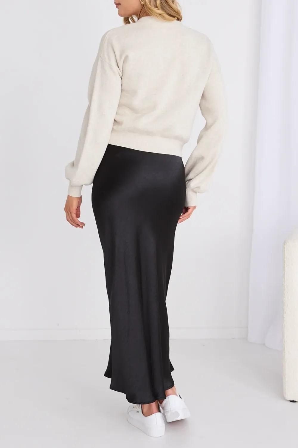 Black Satin Flared Midi Skirt