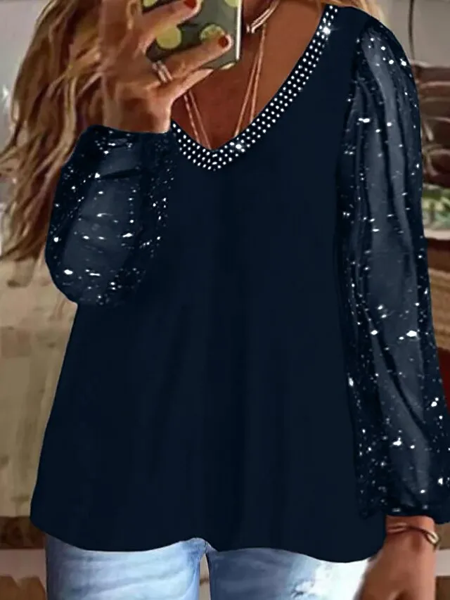 Women's Plus Size Going Out Tops Blouse Concert Tops Black Wine Dark Blue Plain Sparkly Mesh Rhinestone Long Sleeve Daily Date Vacation Vintage Fashion Elegant V Neck Regular Fit Spring Fall