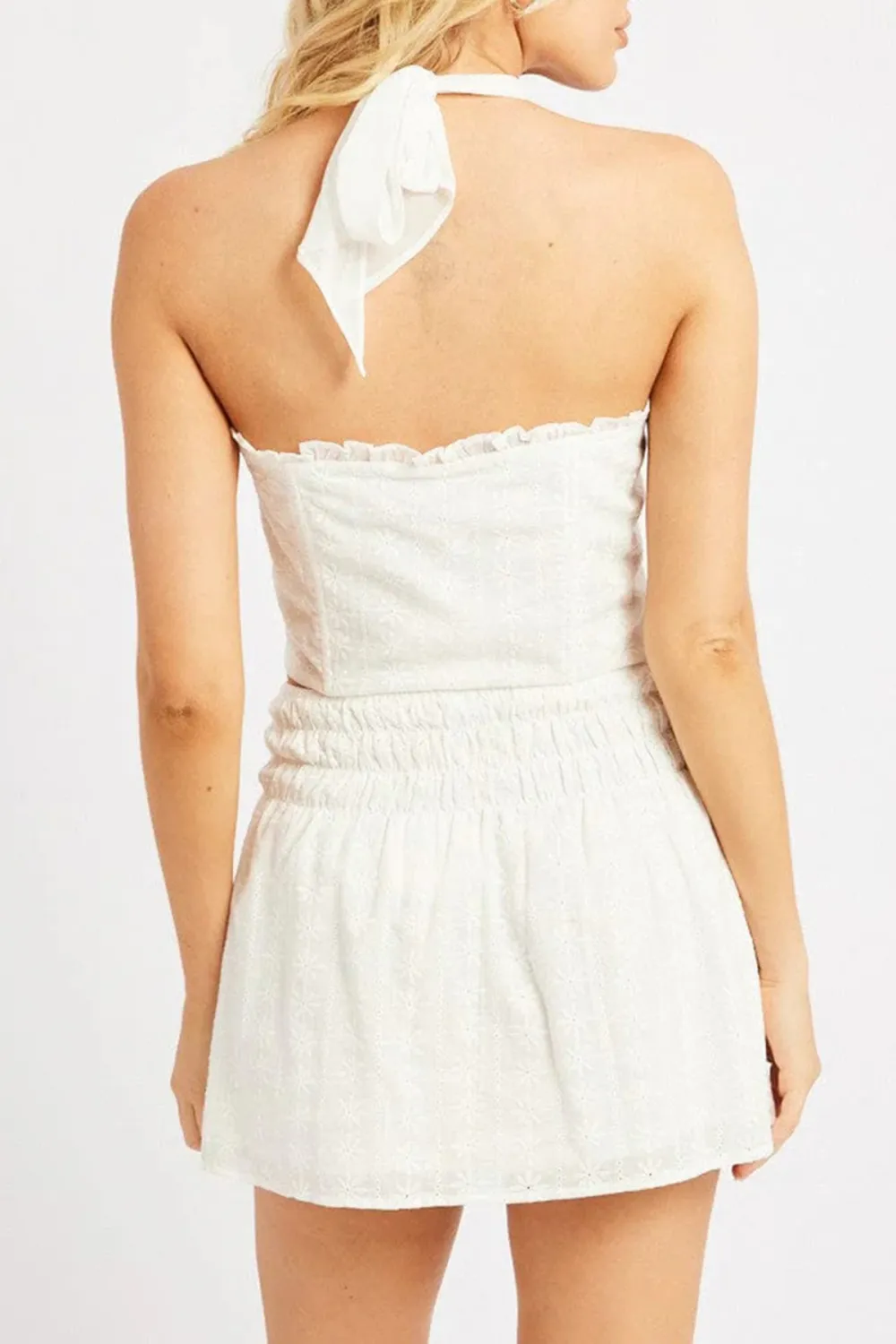 White Halter Crop Top Sleeveless Eyelet