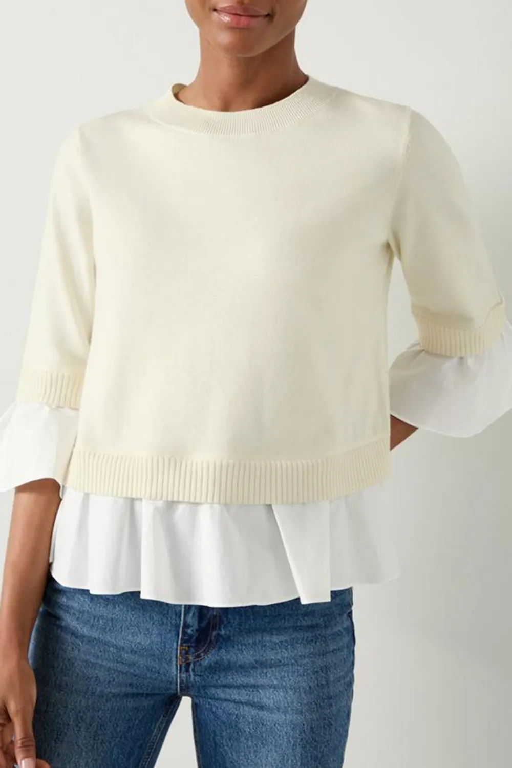White Layered Hem Short Sleeve Knit Sweater