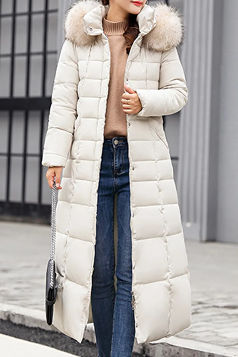 Hooded Fur Collar Belt Plain Coat