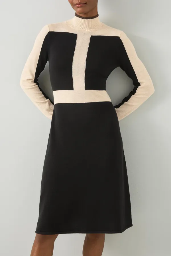 Black Color Block Knit Midi Dress
