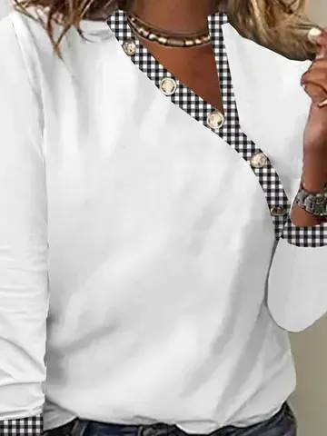 Loose Casual Long sleeve Plaid V neck T-Shirt