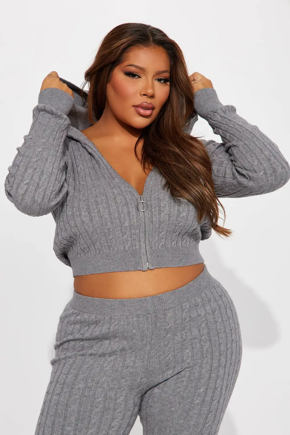 Focused On Me Hooded Cable Knit Legging Set - Heather Grey