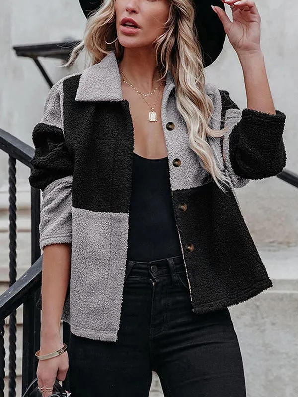 Lapel Contrast Panel Long Sleeve Fleece Jacket