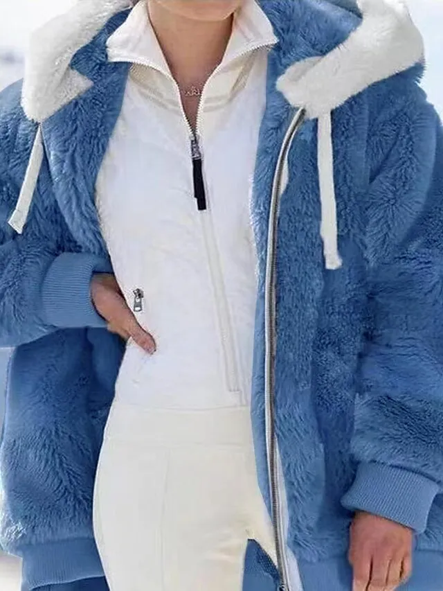 Women's Zip Hoodie Sweatshirt Fleece Jacket Pullover Sherpa Fleece Teddy Zipper Green Blue Purple Plain Round Neck Long Sleeve S M L XL 2XL 3XL / Winter / Fleece lined