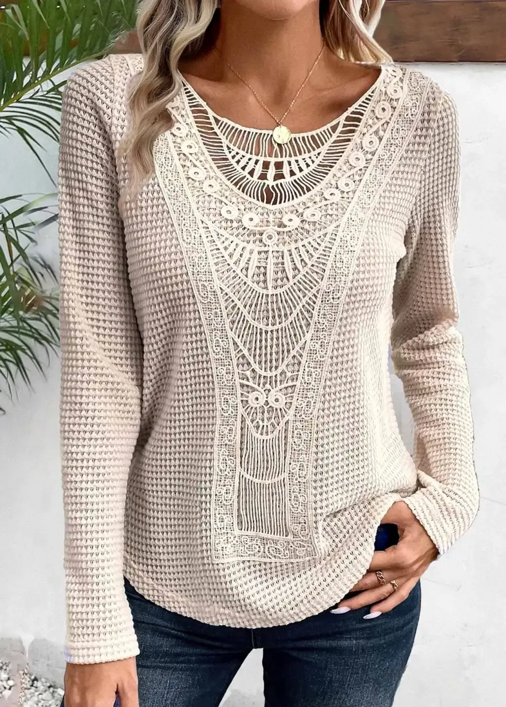 Beige Lace Long Sleeve Round Neck T Shirt