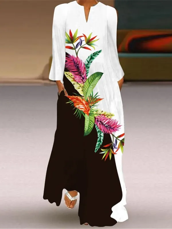 Women's Shift Dress Swing Dress Long Dress Maxi Dress Green Blue Grey White Black Long Sleeve Feather Butterfly Pocket Print Summer Spring V Neck Stylish Casual Dress 2023 S M L XL XXL XXXL 4XL 5XL