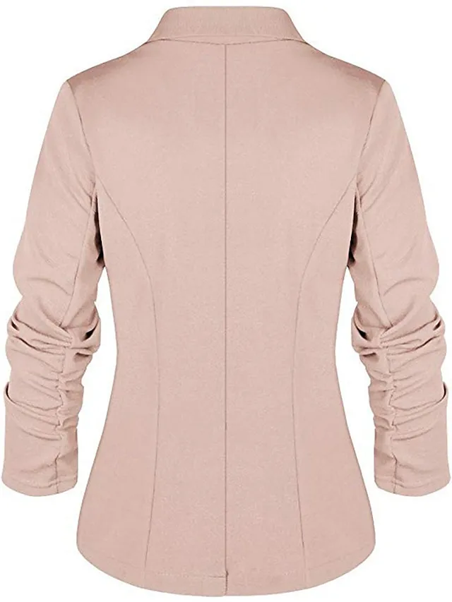 Women's Blazer Formal Office Jacket Open Front Button Plain Windproof Streetwear Pink Regular Fit Outerwear Long Sleeve Spring Navy S