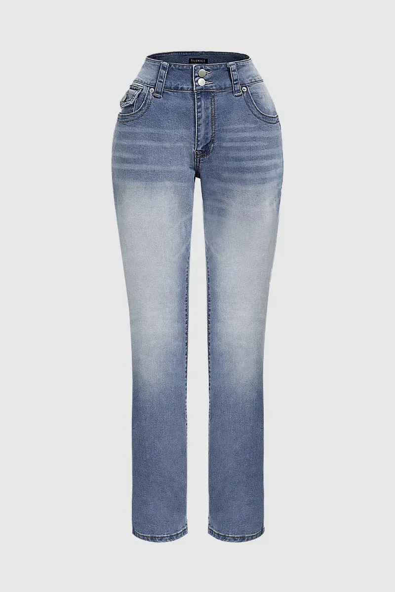 Double Button Mid Waist Straight Leg Jeans