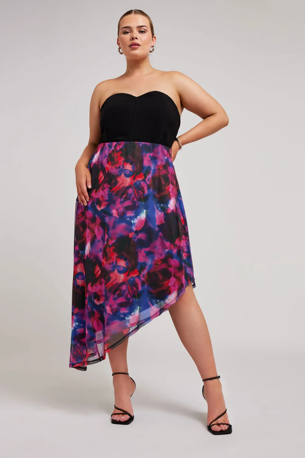 YOURS LONDON Curve Purple Abstract Print Asymmetric Mesh Skirt
