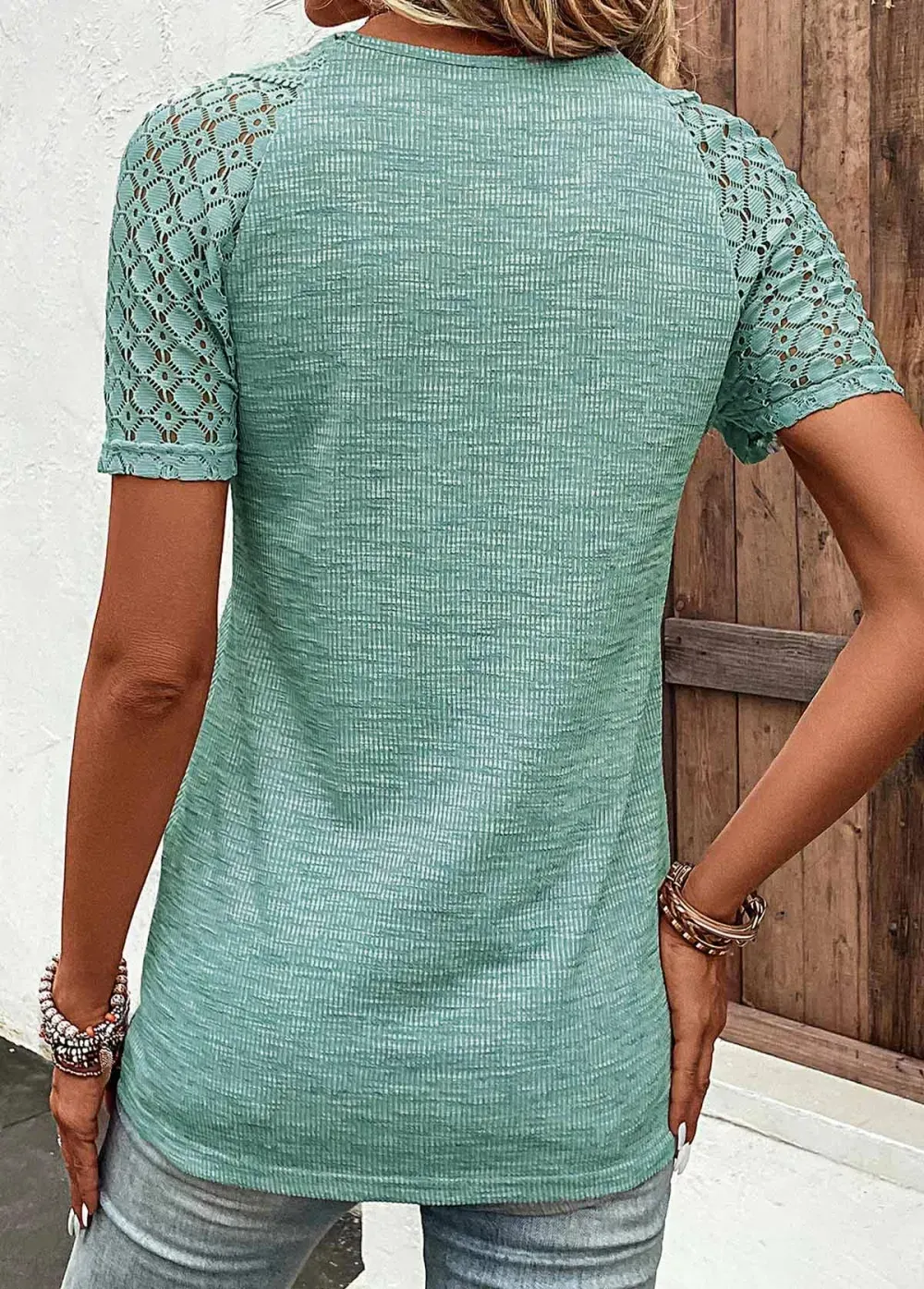 Green Lace Short Sleeve V Neck T Shirt