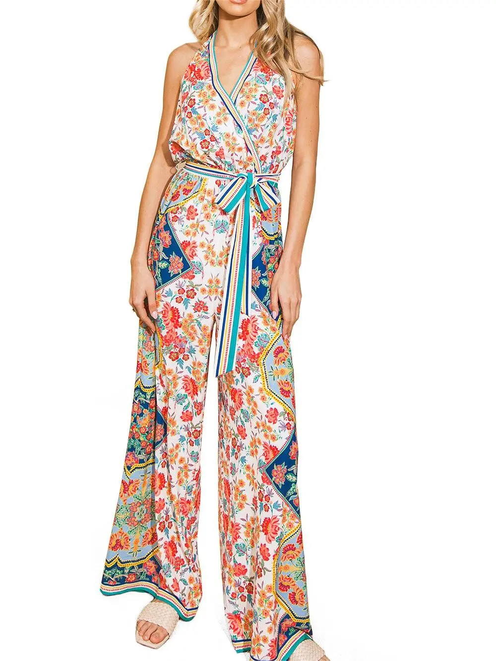Floral Wide Leg Halter Jumpsuit
