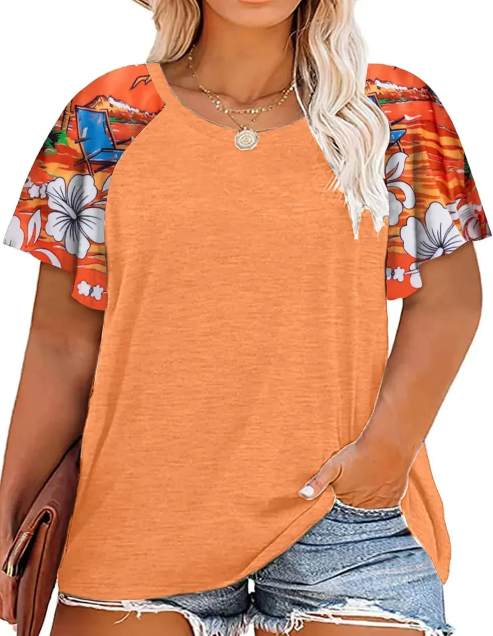 HDLTE Womens Plus Size Tops Floral Bell Sleeves Blouses Summer Crewneck Tunic Loose Casual T Shirts