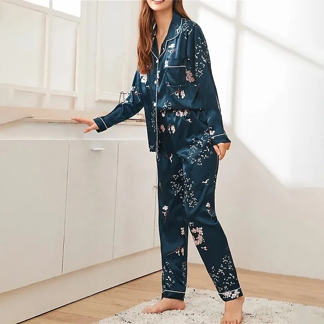 Women's Pajamas Sets Pjs 2 Pieces Leopard Stripe Fashion Simple Comfort Home Daily Vacation Satin Breathable Gift Lapel Long Sleeve Pant Button Elastic Waist Fall Spring Light Pink Black