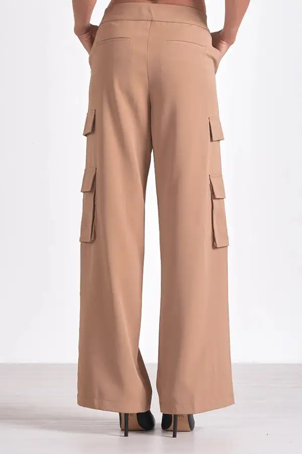 Tan Multi-Pocket Wide-Leg Cargo Pants