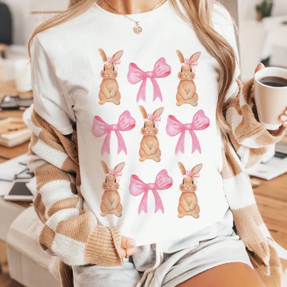Easter Bunny And Bow Printed Round Neck Short Sleeve T-Shirt