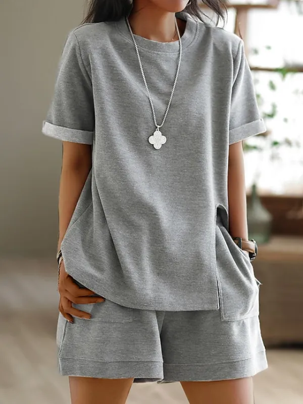 Women's Plus Size Loungewear Sets Pure Color Sport Casual Comfort Home Street Daily Polyester Breathable Crew Neck Short Sleeve T shirt Tee Shorts Pocket Summer Spring Black White