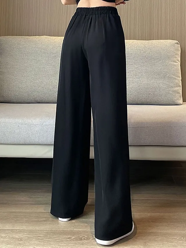 Women's Dress Pants Wide Leg Maillard Trousers Full Length Pocket Baggy Micro-elastic High Waist Fashion Streetwear Work Street Black Blue M L Summer Fall