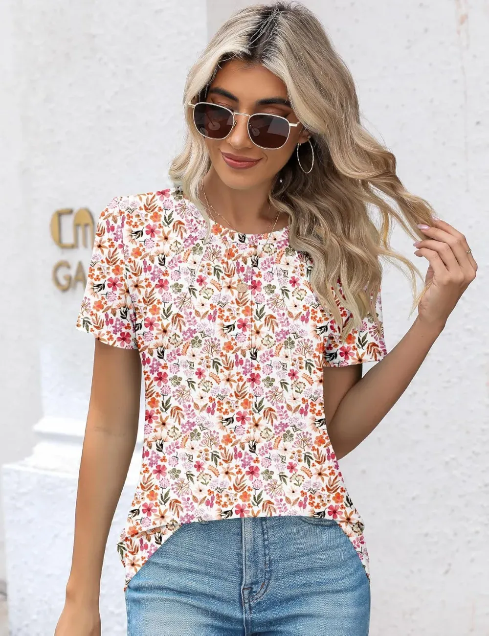 Kistore Womens Casual Crew Neck Short Sleeve Pleated Tops Blouses Fashion Clothes 2024