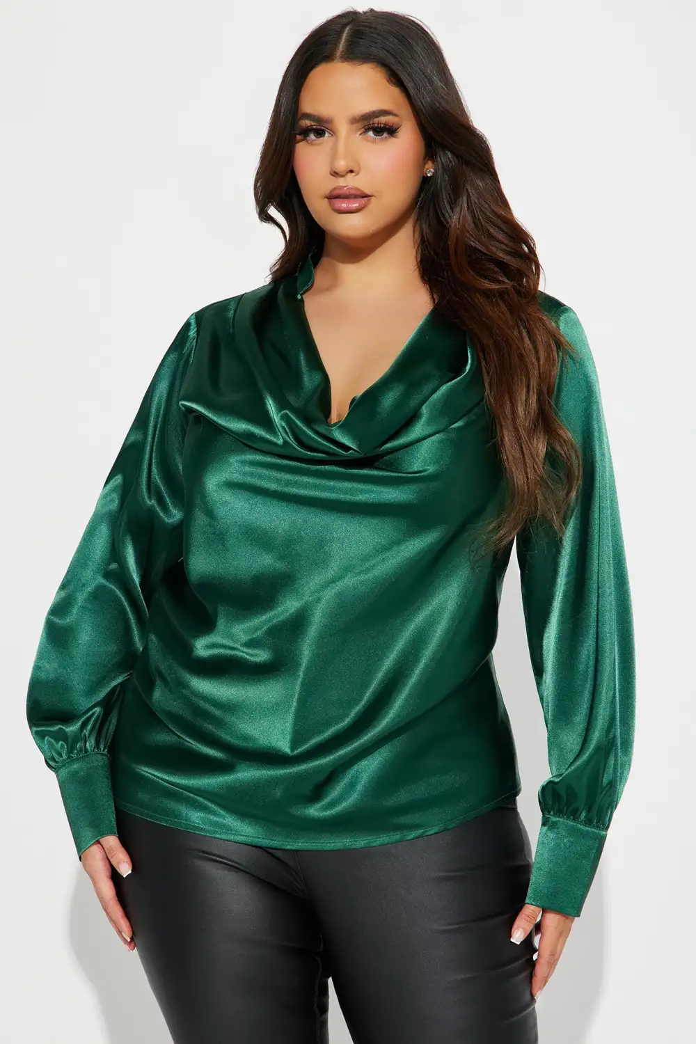 Look My Way Satin Blouse Top - Hunter