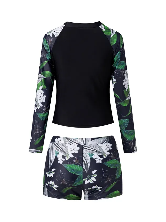 Vacation Floral Printing Crew Neck Surf Suit