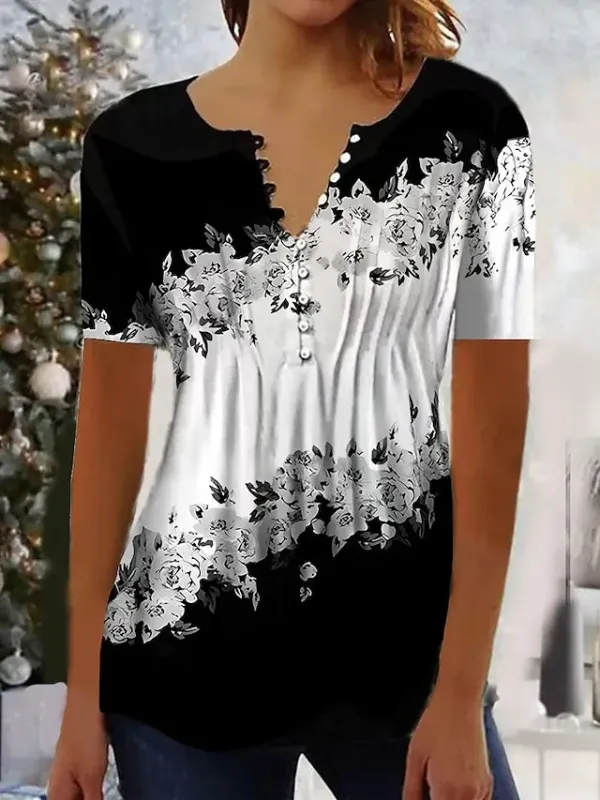 Women's Shirt Blouse Black White Green Floral Button Print Short Sleeve Casual Holiday Basic Round Neck Regular Floral S