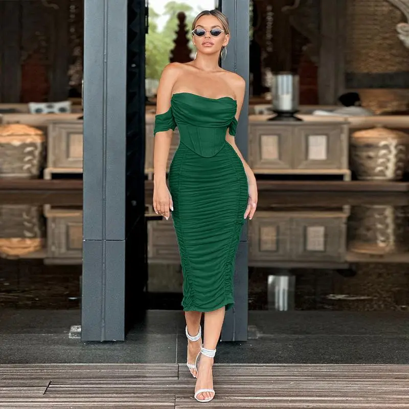 Women's Off The Shoulder Cocktail Midi Dress with Built-in Bra Ruched Bodycon Corset for Fall Homecoming Wedding Guest Formal Party - Sleeveless