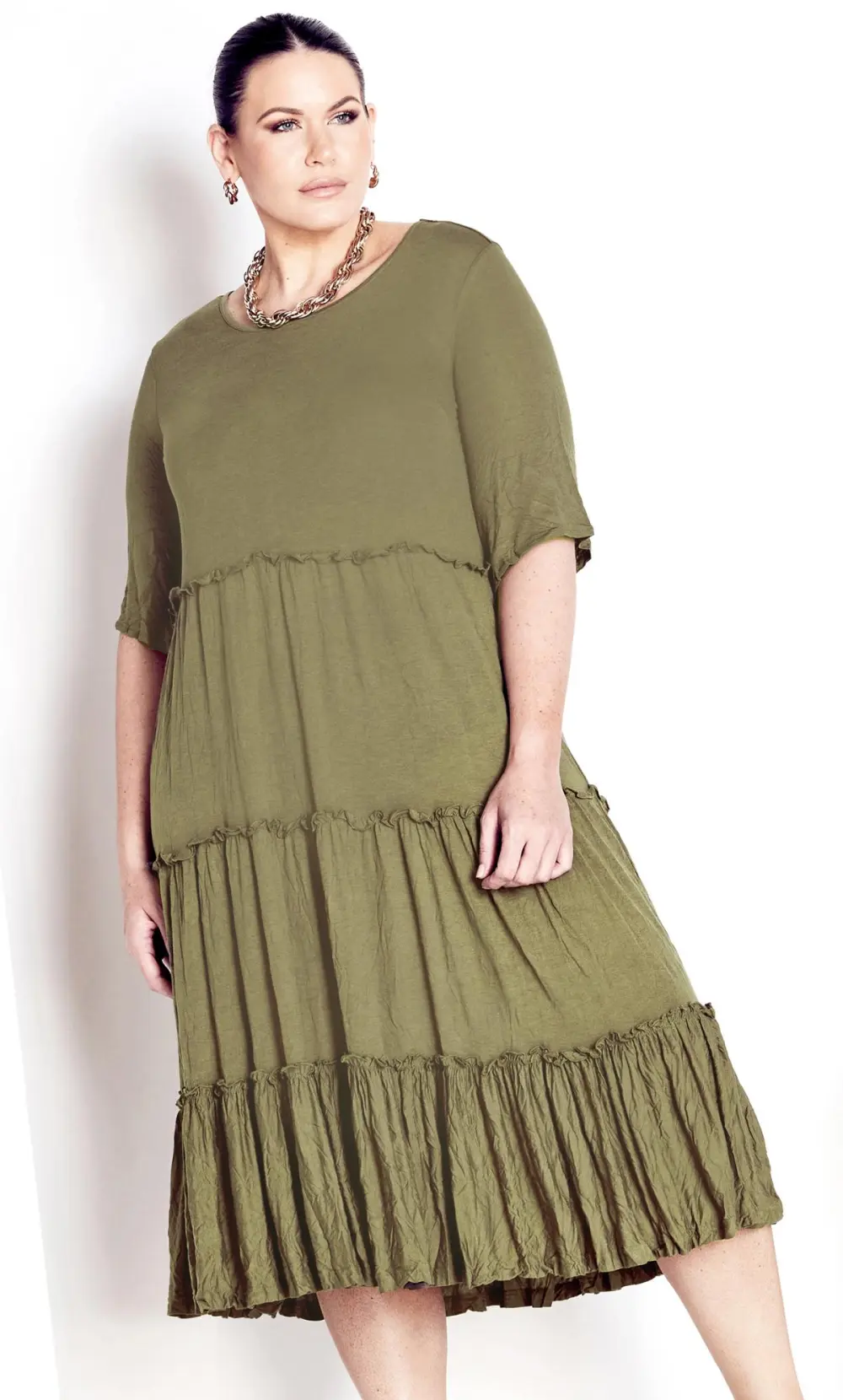 Evans Khaki Tiered Midaxi Dress