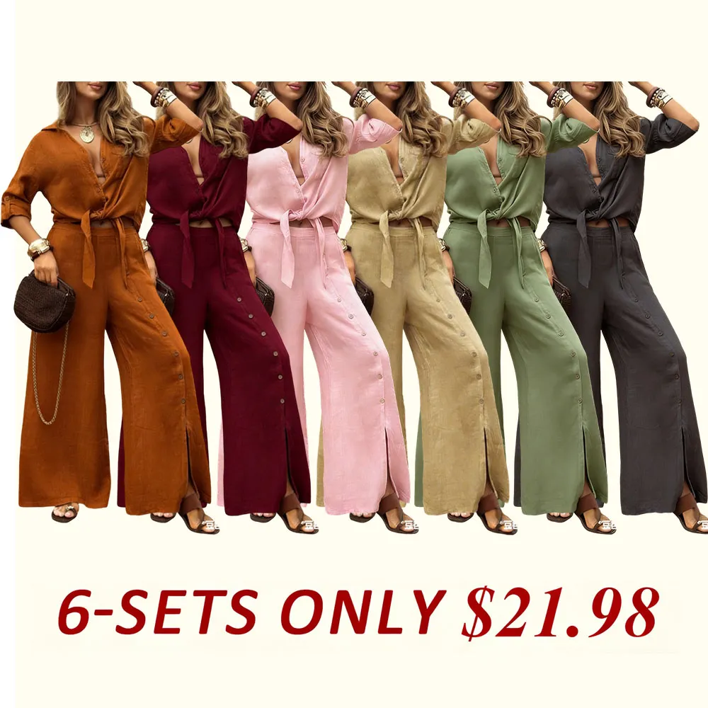 🔥 Women's Loose-Fit Long Sleeve Shirt & Wide Leg Pants Set