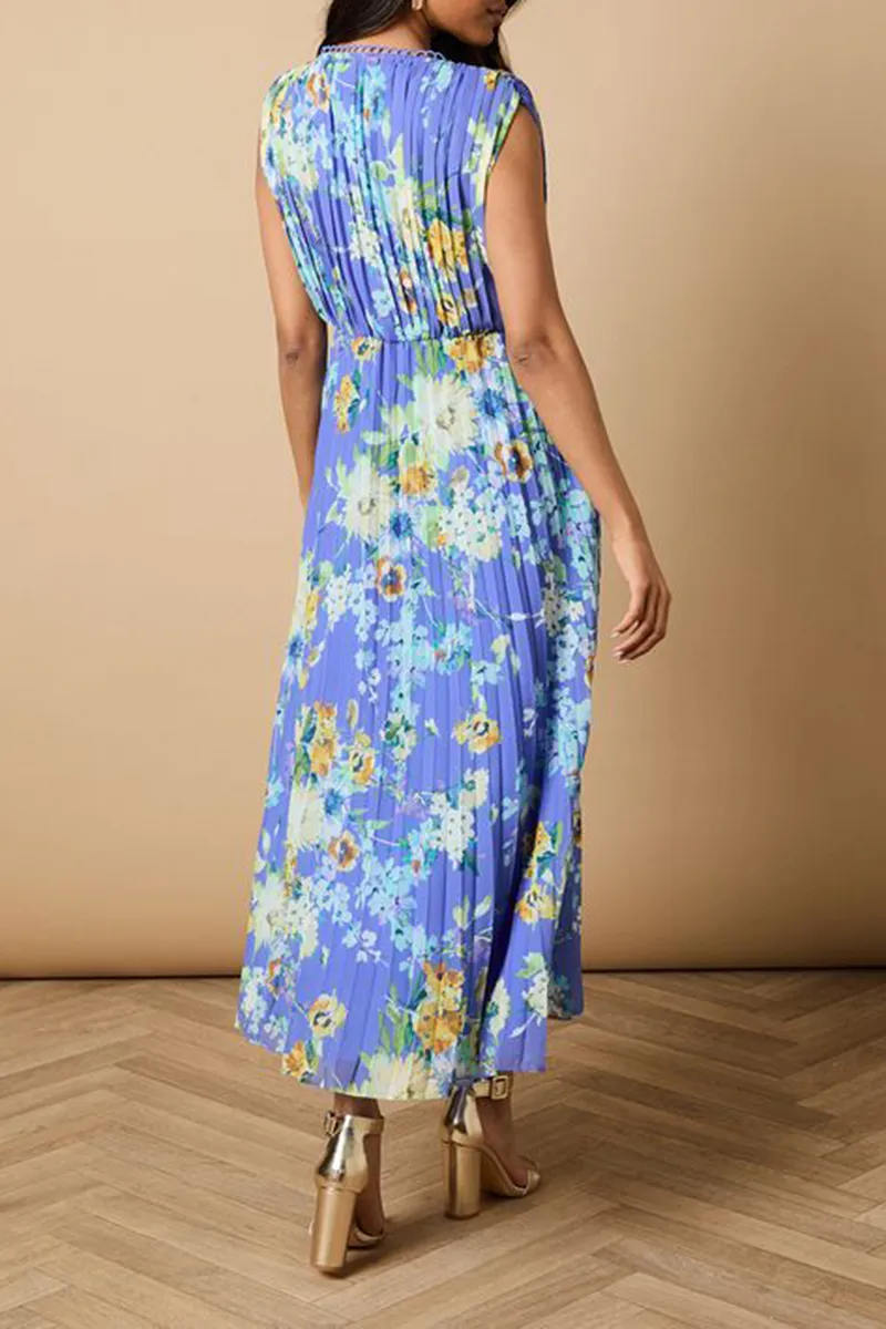 Blue Floral Pleated Wrap Dress