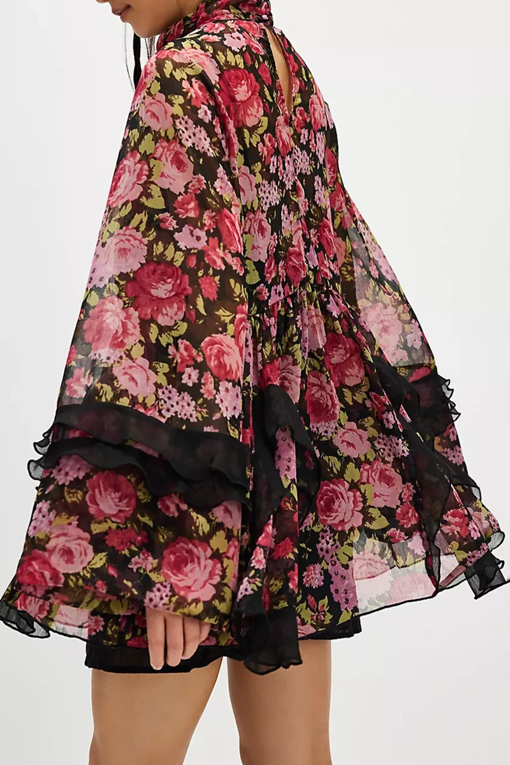 High Neck Lantern Sleeve Floral Mini Dress