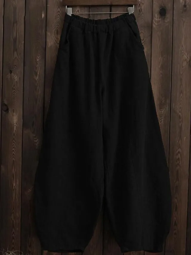 Women's Wide Leg Gauchos Pants Chinos Bloomers Full Length Cotton Pocket Baggy Micro-elastic Vacation Casual Daily Holiday Black White L XL Fall Winter