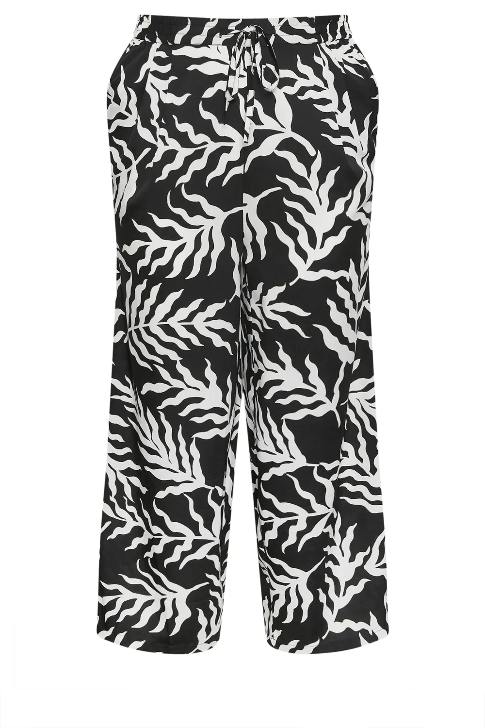 Yours Curve Black Leaf Print Drawstring Wide Leg Trousers