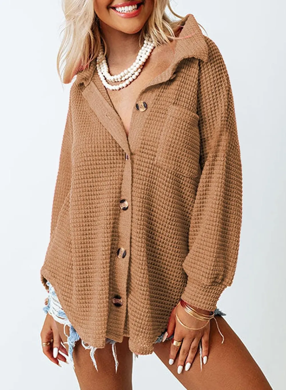 Womens Waffle Knit Button Down Shirts Casual Long Sleeve Shacket Jacket Boyfriend Tops Blouses Loose Fit