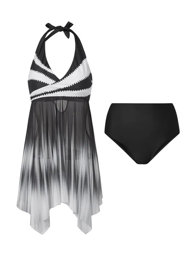 Casual Abstract Printing V Neck Swimdress Two-Piece Set