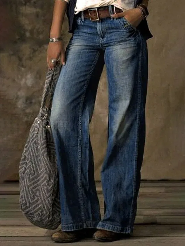 Denim Casual Loose Plain Jeans