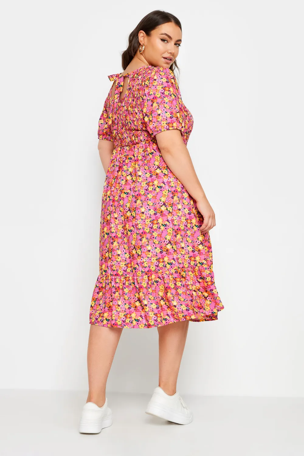 YOURS Curve Pink Floral Print Shirred Midaxi Dress