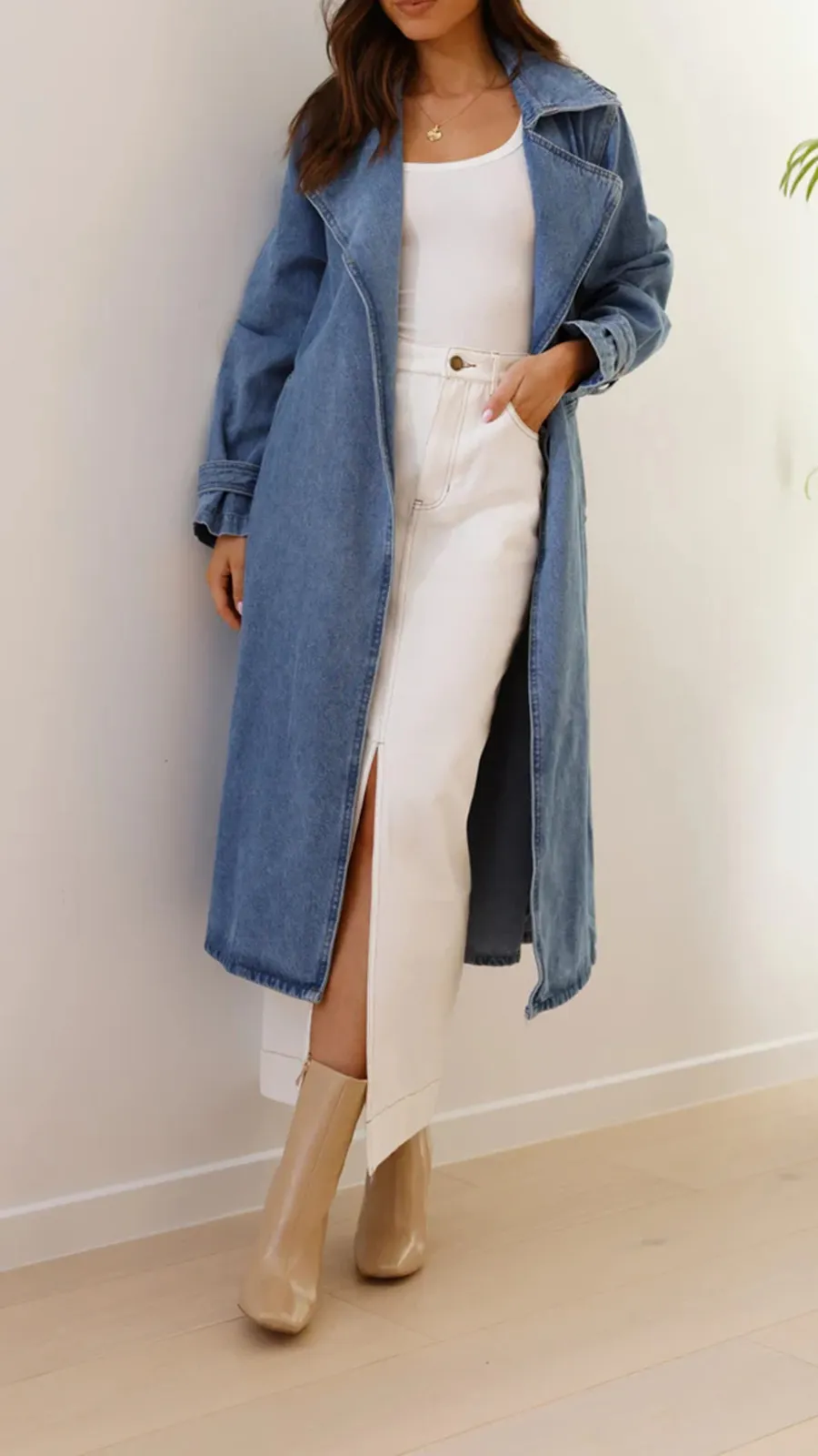 Long Denim Lapel Jacket