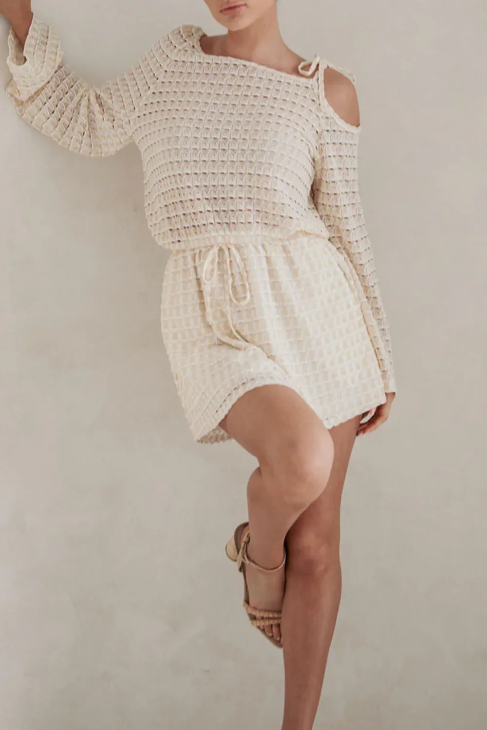 Off Shoulder Textured Long Sleeve Mini Dress