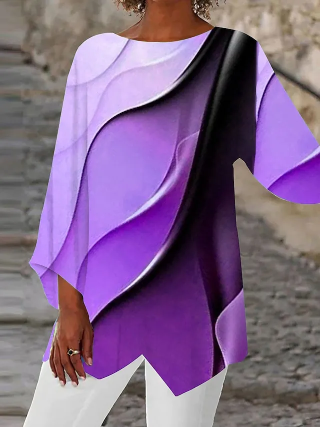 Women's Shirt Blouse Yellow Pink Purple Graphic Abstract Asymmetric Print Long Sleeve Casual Basic Neon & Bright Round Neck Regular Fit Spring Fall