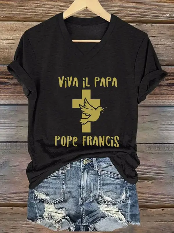 Women's Viva Il Papa 1936-2025 Print Short Sleeve V-Neck Cotton T-Shirt