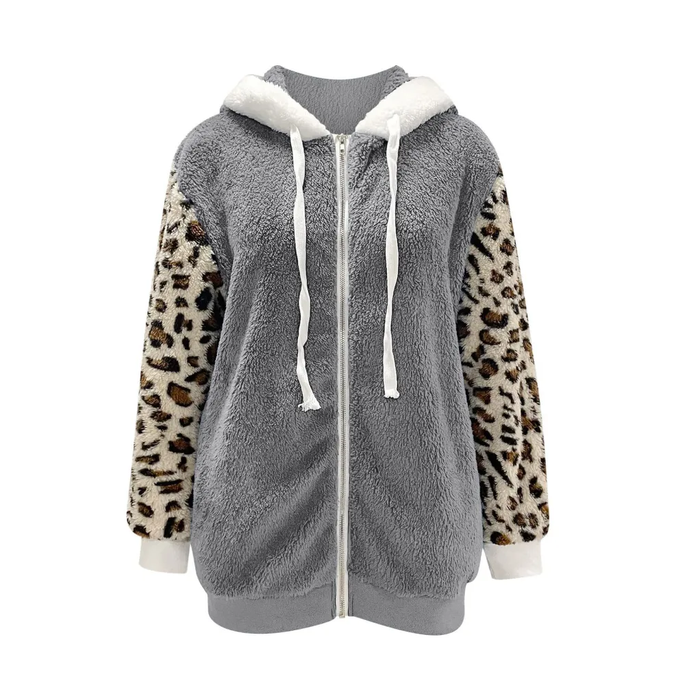 Casual Oversized Leopard-Painted Lambsool Hooded Coat